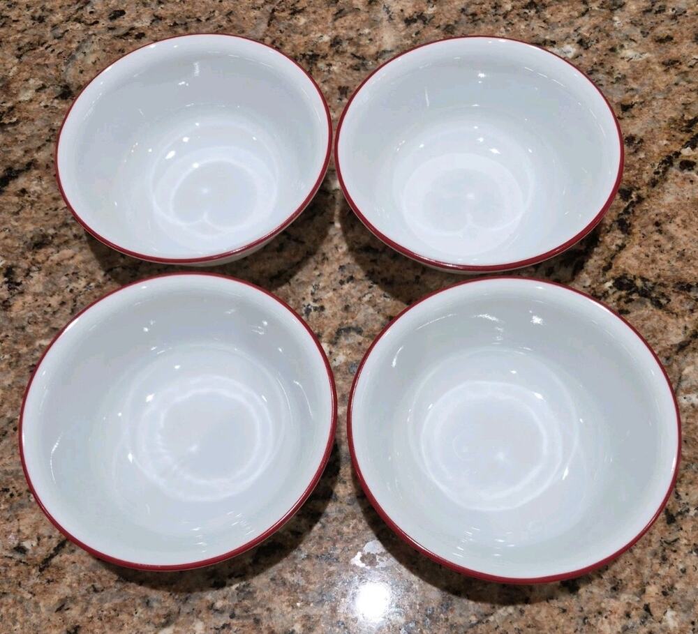 Corelle Ruby Red Rimmed Cereal 6-1/4" Bowls EUC Vitrelle USA Vintage Set of 4